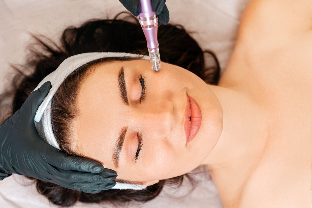 Mujer recibe tratamiento facial con microagujas; manos con guantes negros sostienen el dispositivo.