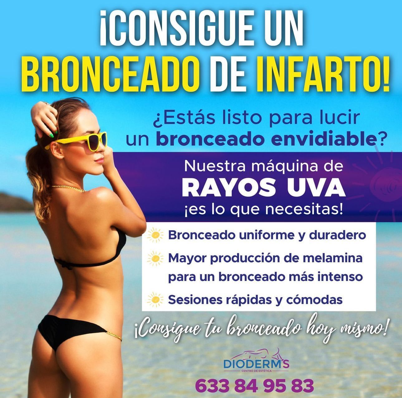 Anuncio de un salón de bronceado que presenta a una mujer en bikini, con fondo de playa y un texto en negrita que promociona los rayos UVA para el bronceado.