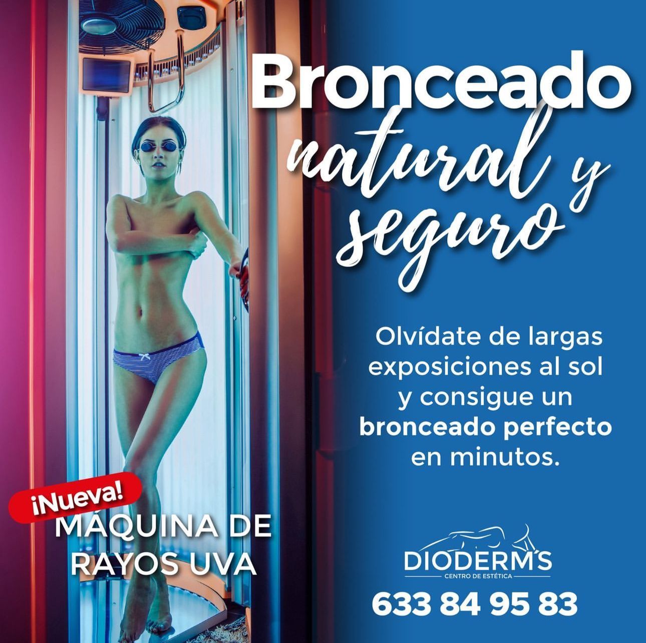 Anuncio de cama de bronceado: mujer en traje de baño, texto 