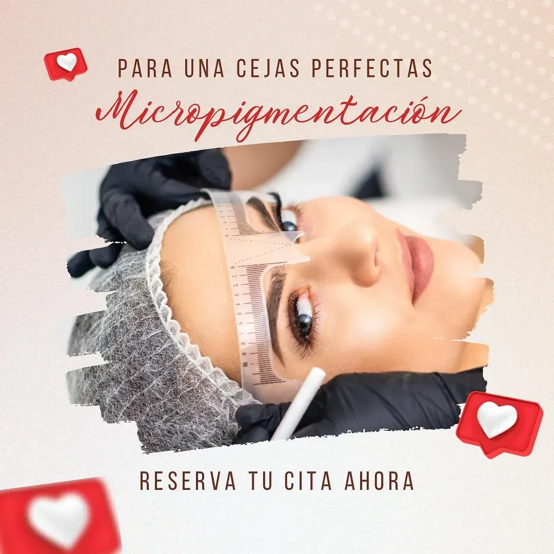 Micropigmentación de cejas. Mujer con medidor, emojis de corazón. Texto: "Cejas perfectas. Reserva ya".
