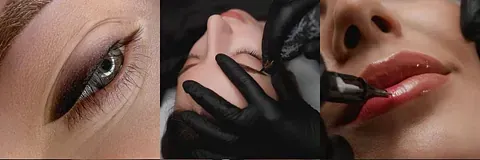 Primer plano del ojo, procedimiento de tatuaje de delineador de ojos y tatuaje de labios.