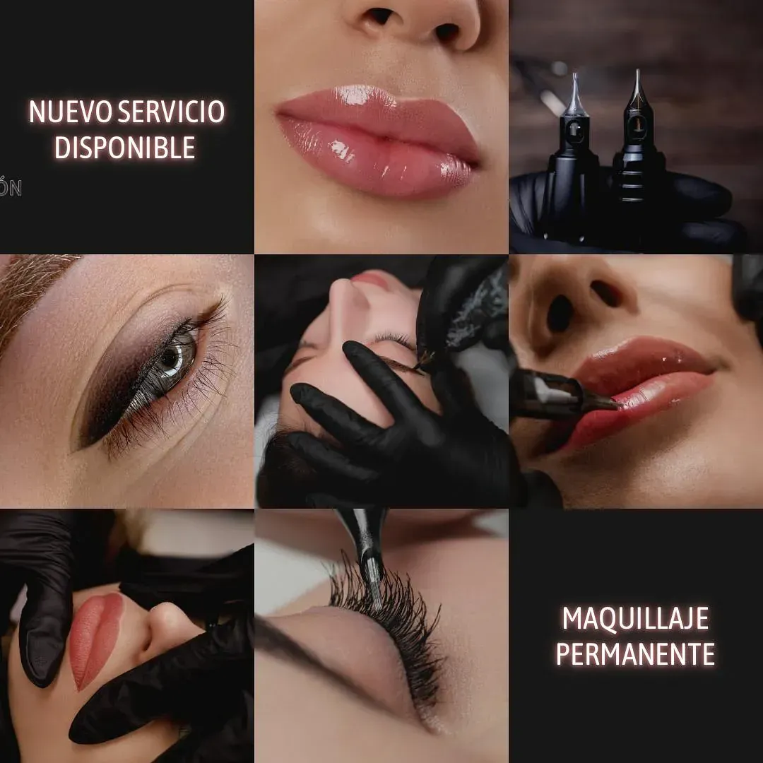 Anuncio de maquillaje permanente: labios, delineador y realce de pestañas. Guantes negros, texto sobre fondo oscuro.