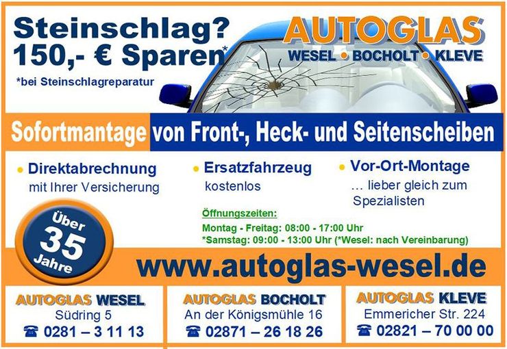 Werbeanzeige für Autoglas Wesel/Bocholt/Kleve mit blau-orangefarbenem Design und beschädigter Windschutzscheibe