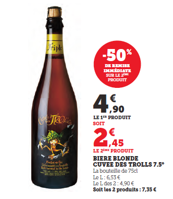 Bière Blonde Cuvée des Trolls 7.5° 75 cl -50% de remise immédiate sur le deuxième produit soit 4,90 € le premier produit et 2,45€ le second.