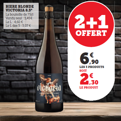 Bière Blonde Victoria 8.5° 75 cl 2+1 offert soit 6,90€ les 3 produits.