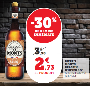 Bière 3 Monts Brassin d'Hiver 8.5° 75cl -30% de remise immédiate soit 2,73€ au lieu de 3,90€