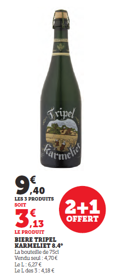 Bière Tripel Karmeliet 8.4° 75cl 2+1 offert soit les 3 produits 9,40€.