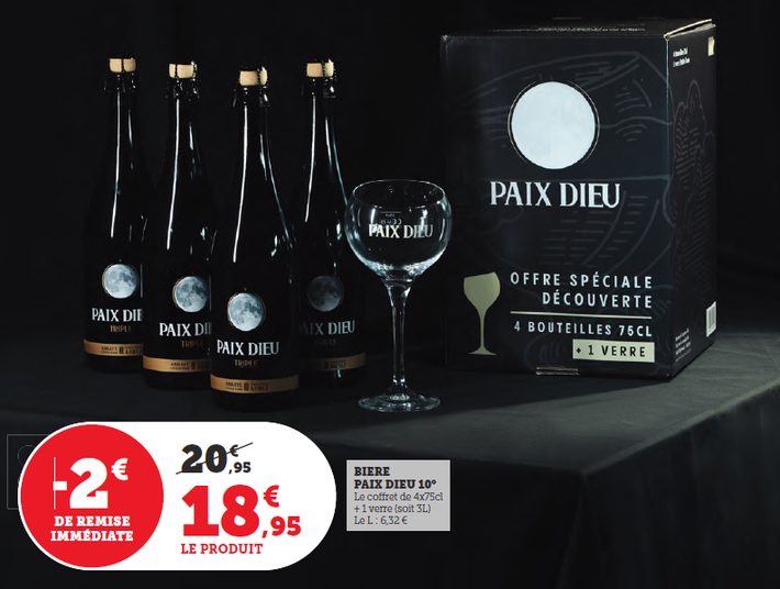 Coffret Bière Paix Dieu 10° 4X75cl + 1 verre -2€ de remise immédiate soit 18,85€ au lieu de 20,95€.