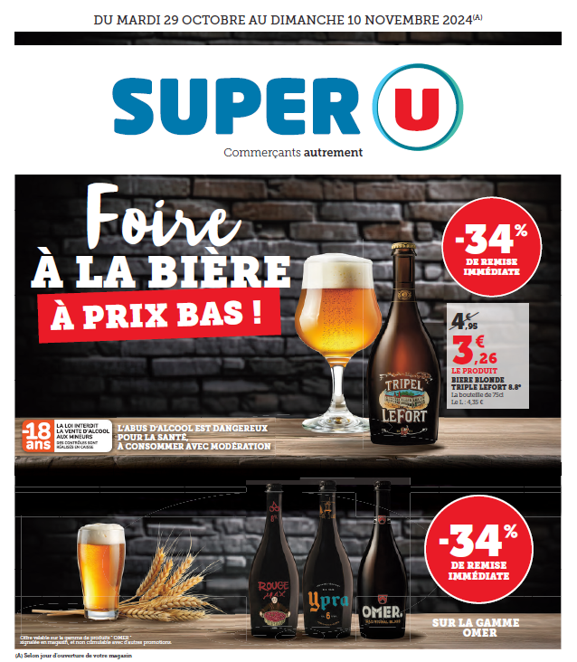 Foire à la bière à prix bas - Bière blonde Triple Lefort 8.8° 75cl 34% de remise immédiate soit 3,26€ au lieu de 4,95€ le produit  / -34% de remise immédiate sur la gamme Omer.