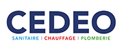 Logo de la société française CEDEO avec le texte bleu CEDEO sur SANITAIRE | CHAUFFAGE | PLOMBERIE en bleu, rouge et vert.