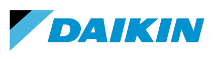 Le logo de la société Daikin, composé de lettres capitales bleues et d'une icône géométrique triangulaire bleue et noire.