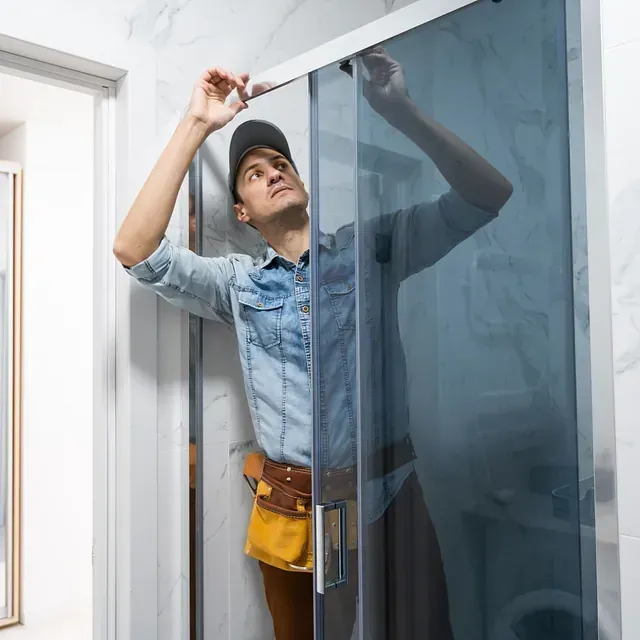 Un hombre está instalando una puerta de ducha en un baño.