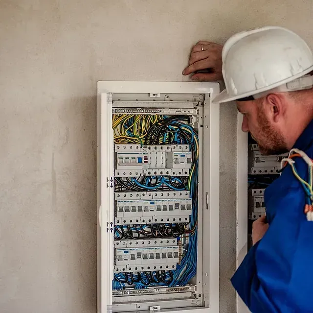 Un hombre con casco está trabajando en una caja eléctrica.