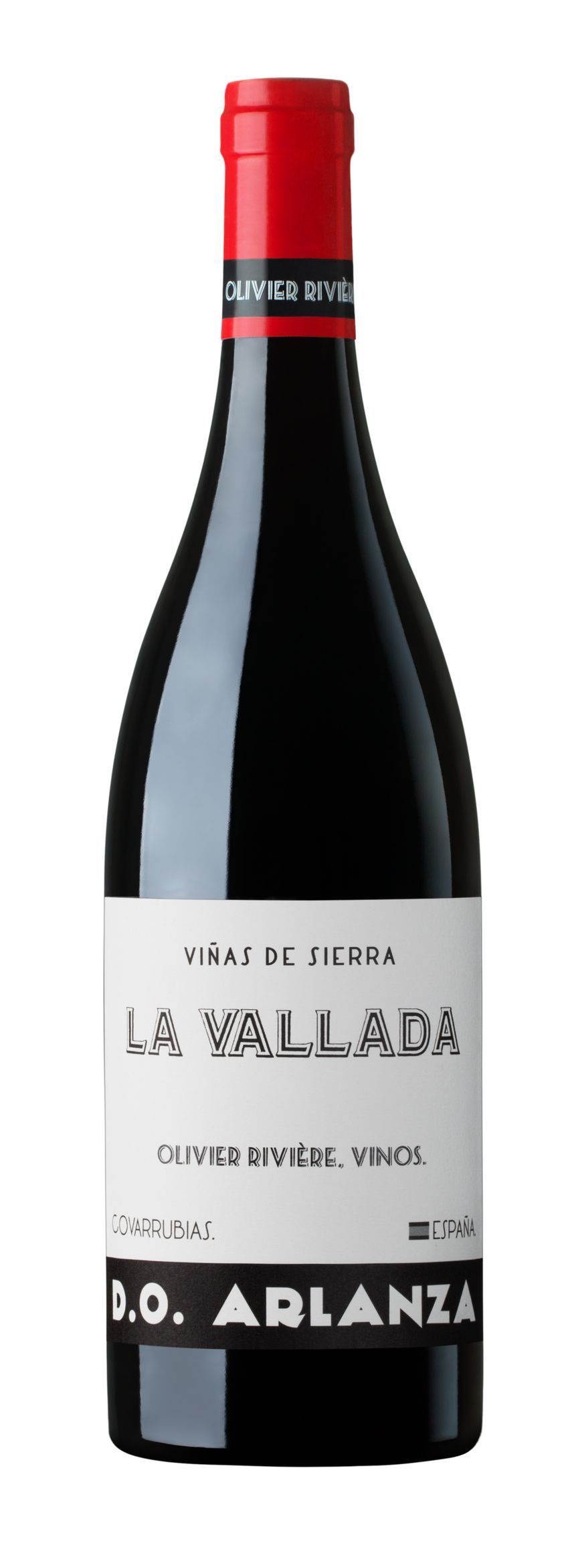 Una botella de vino tinto con etiqueta blanca y tapón rojo.