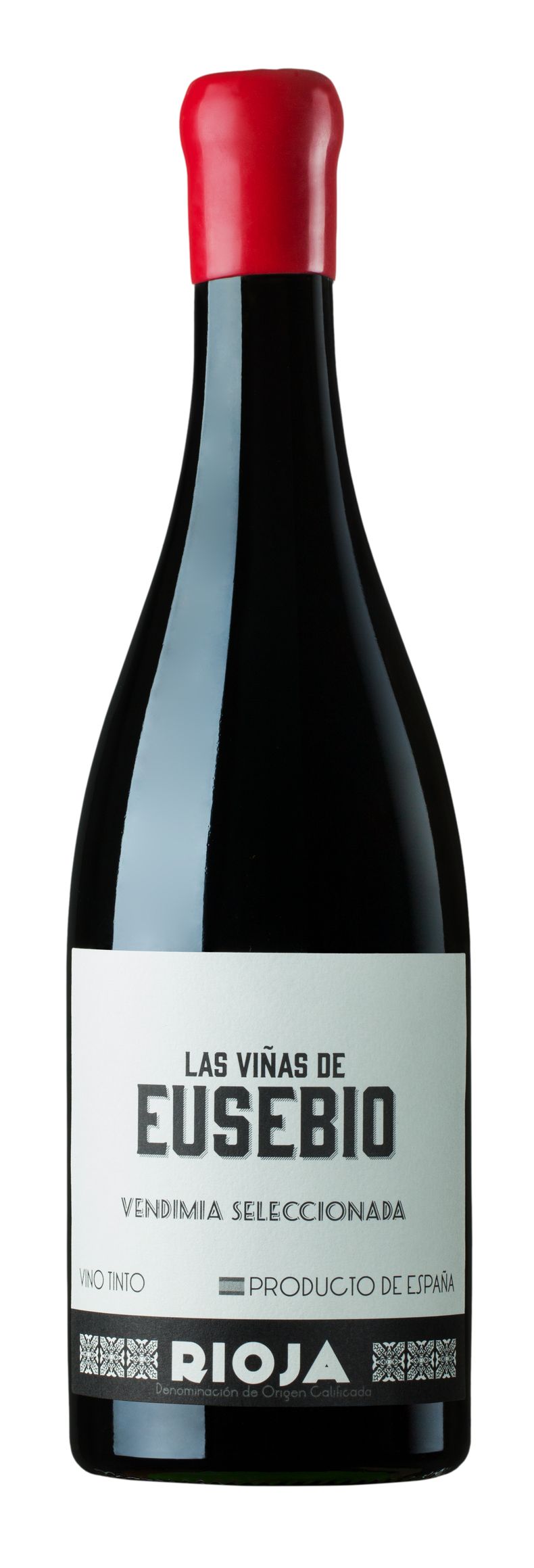 Una botella de vino Eusebio con tapón rojo.