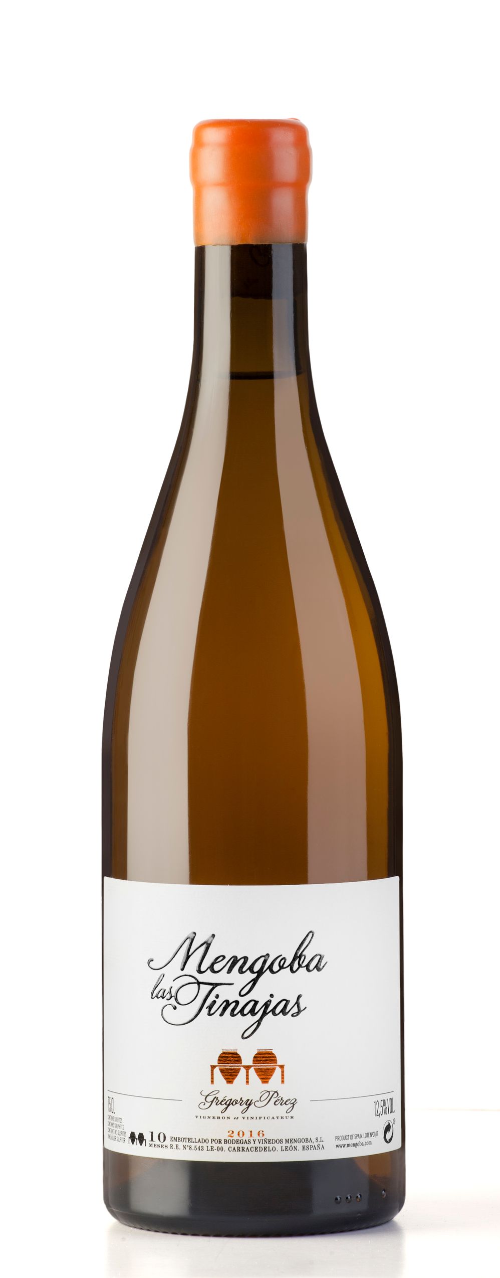 Una botella de vino con etiqueta blanca y tapón naranja.