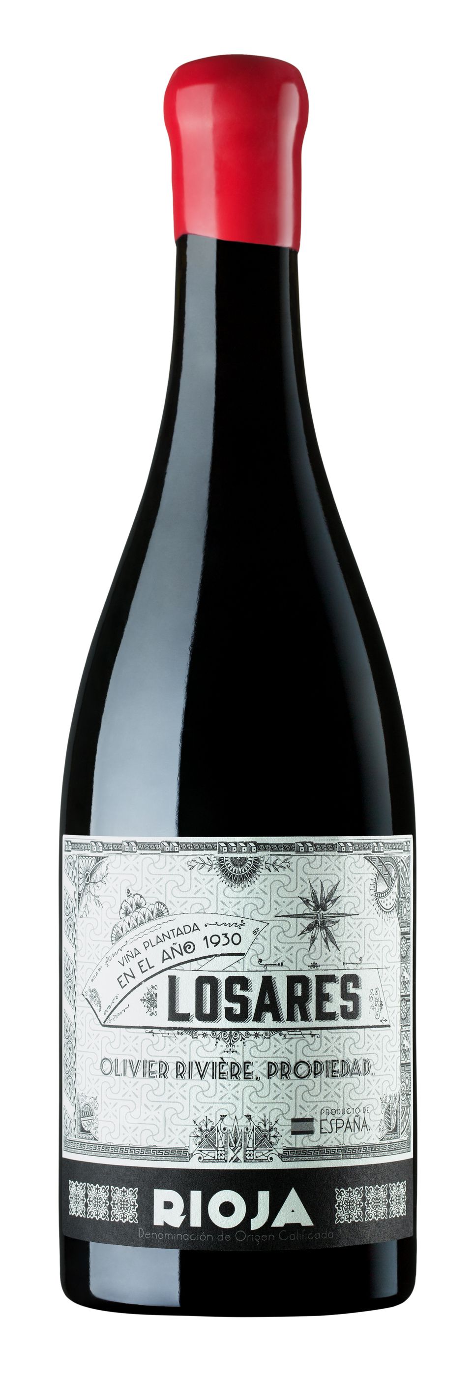 Una botella de vino losares con tapón rojo sobre fondo blanco.