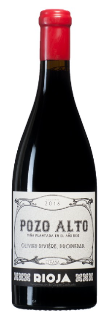 Una botella de vino pozo alto con tapón rojo