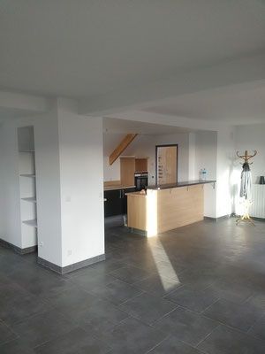 Vue sur salon cuisine, placard, plan de travail