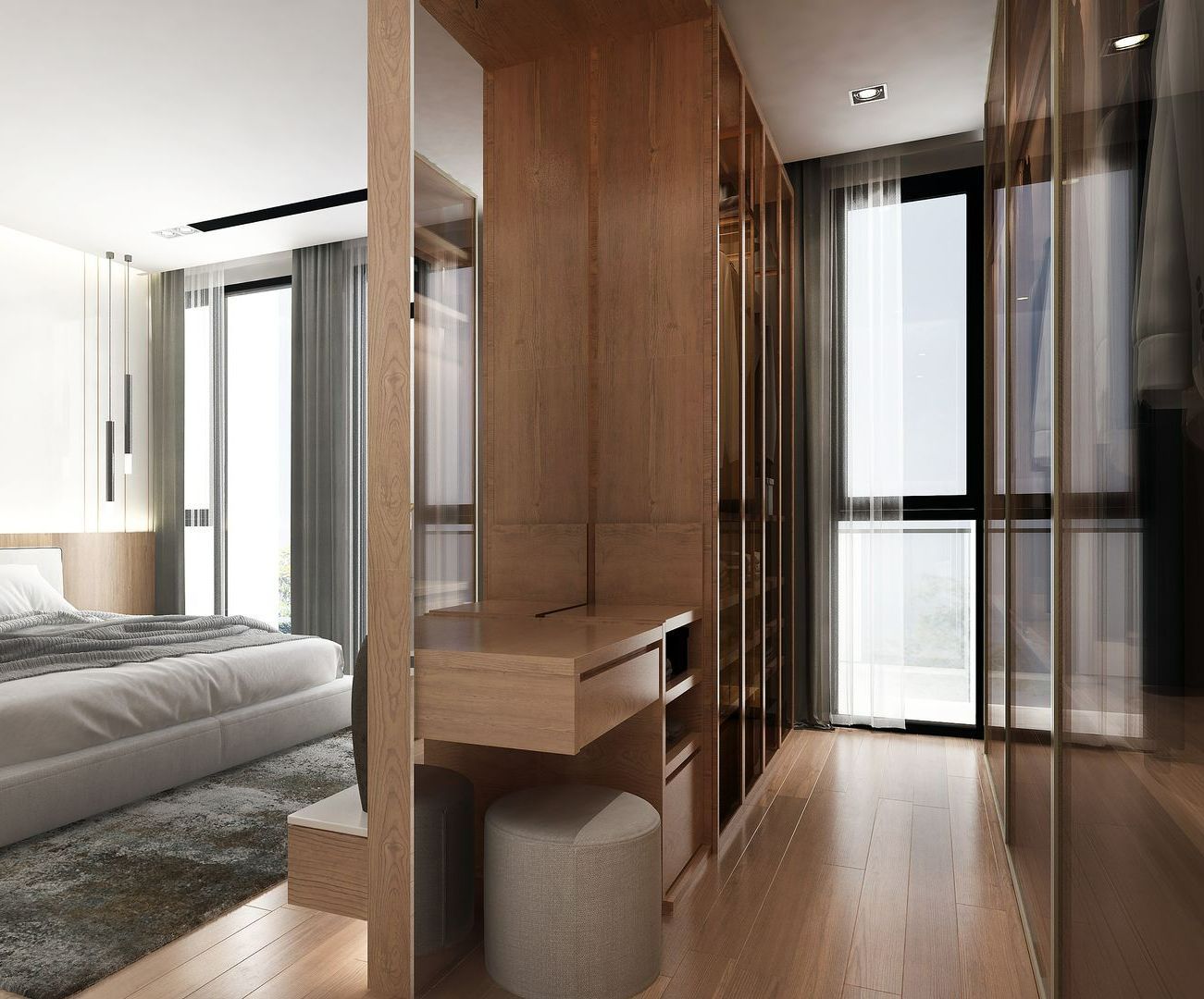 Vue sur dressing en bois d'une chambre à coucher