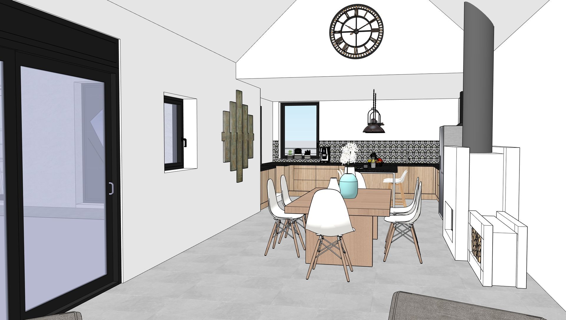 Vue 3D d'une salle à manger et cuisine modernes