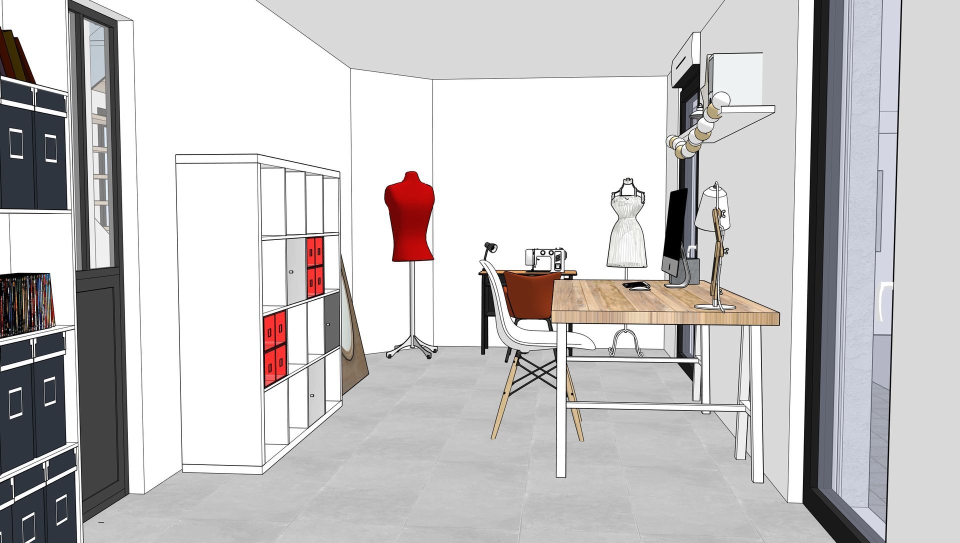 Vue 3D d'un intérieur lumineux avec bureaux et mannequin de couture rouge