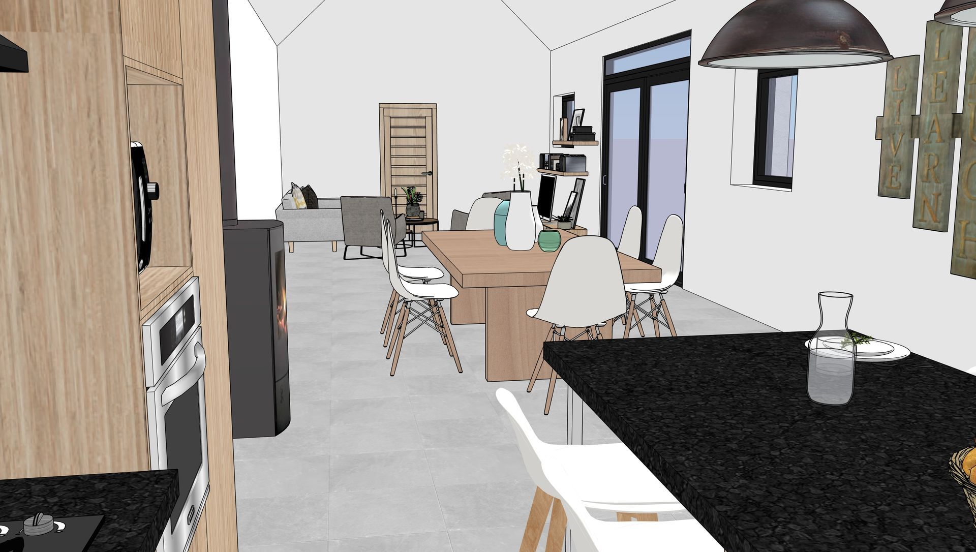 Vue 3D d'une cuisine et salle à manger modernes avec comptoir noir