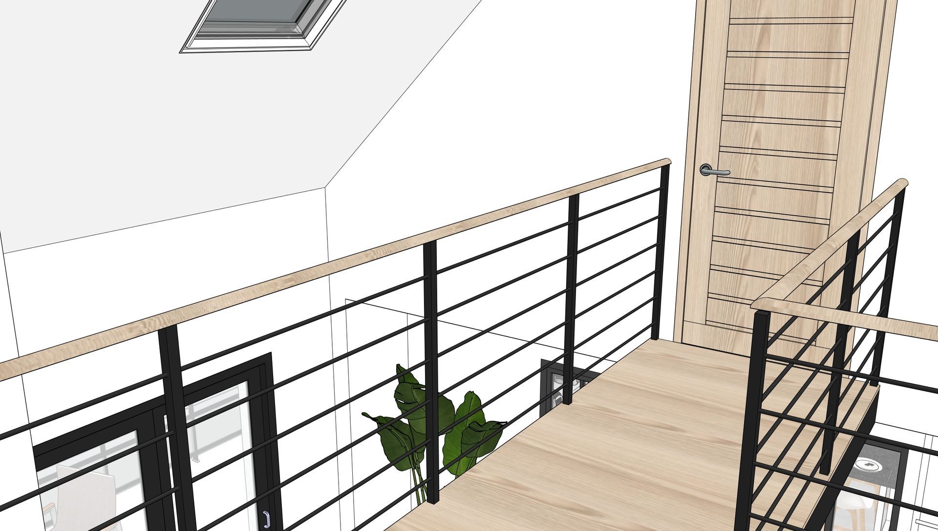 Vue 3D d'un palier d'escalier moderne avec rampe en métal noir