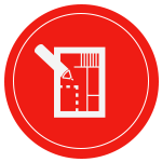 Cercle rouge avec icône blanche représentant un plan architectural.