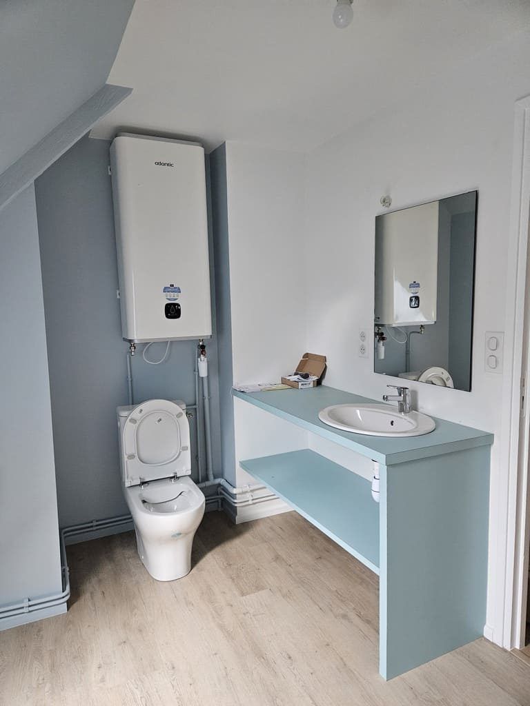 Salle de bains avec toilettes, lavabo, chauffe-eau et miroir. Couleurs dominantes : bleu clair et blanc.