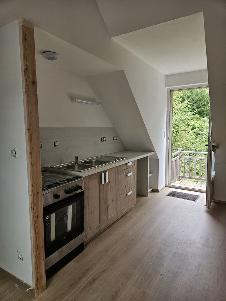 Petite cuisine avec placards en bois, cuisinière, évier et porte donnant sur un balcon arboré.