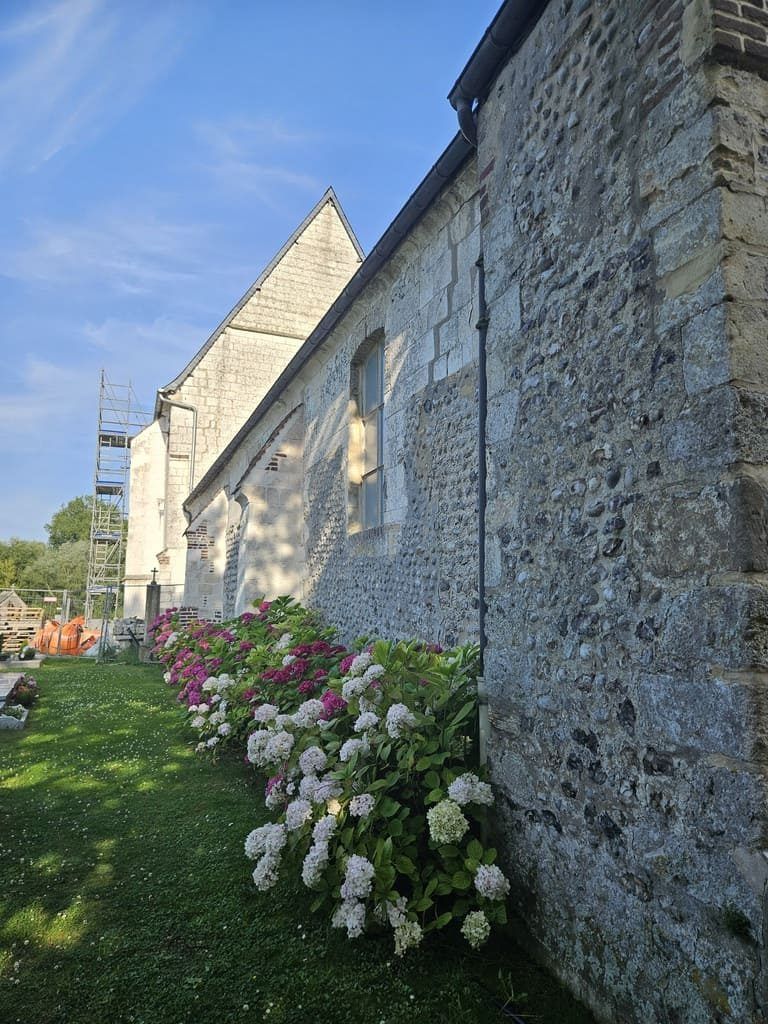 Extérieur d'une église en pierre orné d'hortensias en fleurs et d'une pelouse verdoyante. Échafaudages visibles sur le côté.