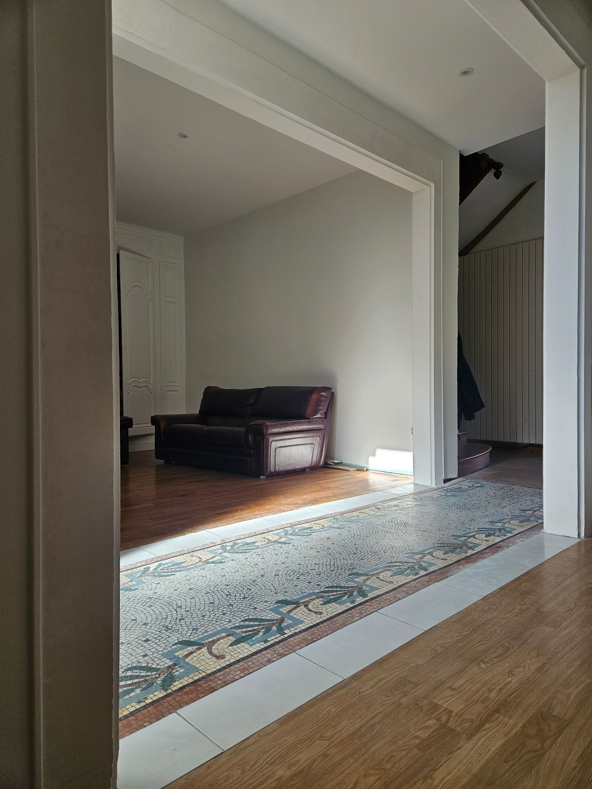 Salon avec un canapé foncé sur un tapis