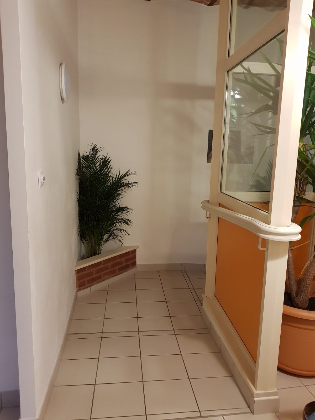 Couloir étroit avec une porte, des plantes en pot et un sol carrelé.