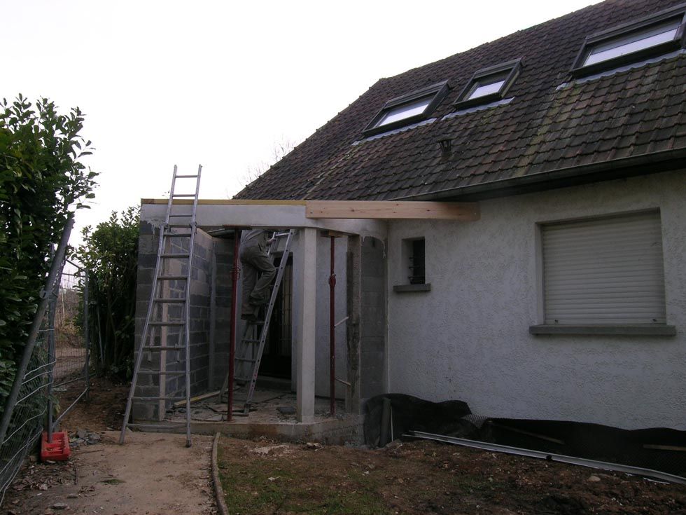 Construction d'un nouveau porche ou d'une extension attenante à une maison avec un toit gris et des puits de lumière. Une échelle est présente.