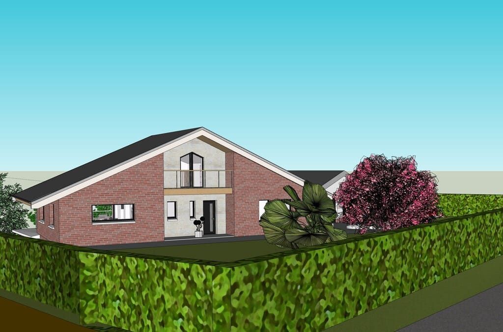 Maison d'habitation en briques rouges, toit noir et haie verte.