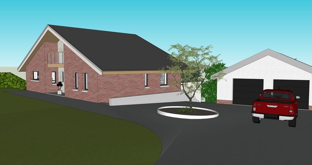 Maison en briques avec garage et un camion rouge dans l'allée. Un arbre se dresse dans un parterre circulaire.