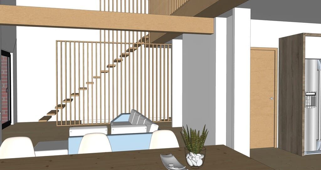 Intérieur avec escalier, éléments en bois clair, mobilier moderne et plantes en pot.