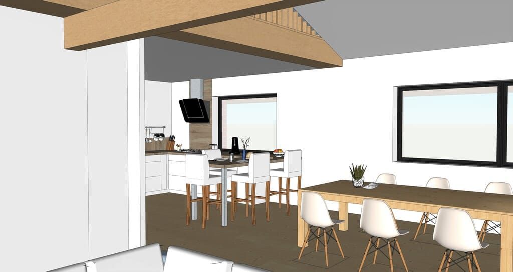 Cuisine et salle à manger modernes à aire ouverte avec murs blancs, poutres en bois et grandes fenêtres.