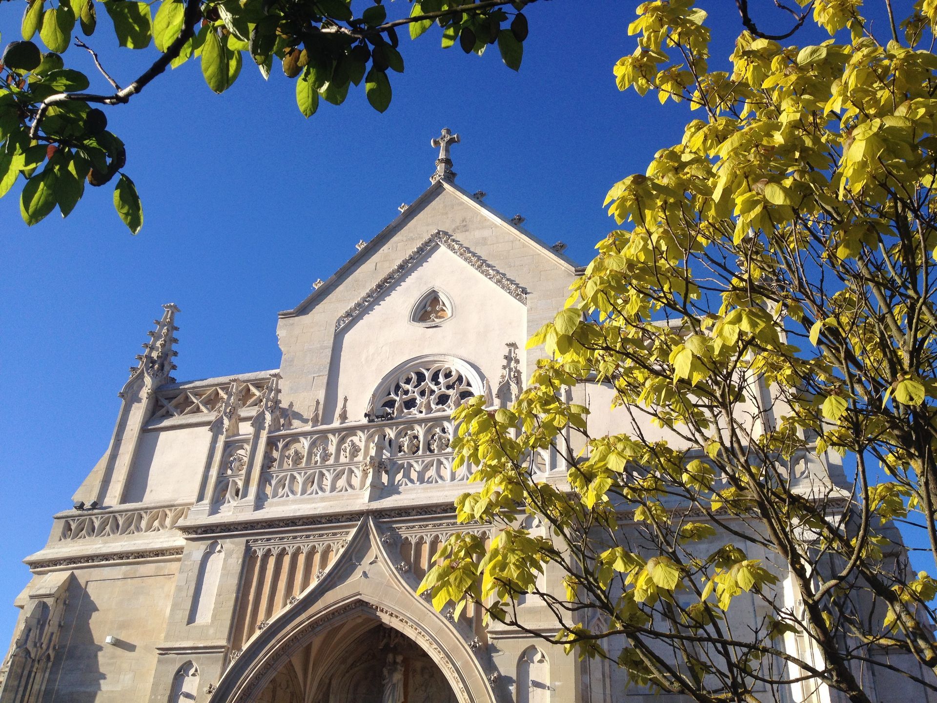 Façade d'église de style gothique avec porte cintrée, rosace et arbres aux feuilles vertes et jaunes se détachant sur un ciel bleu.