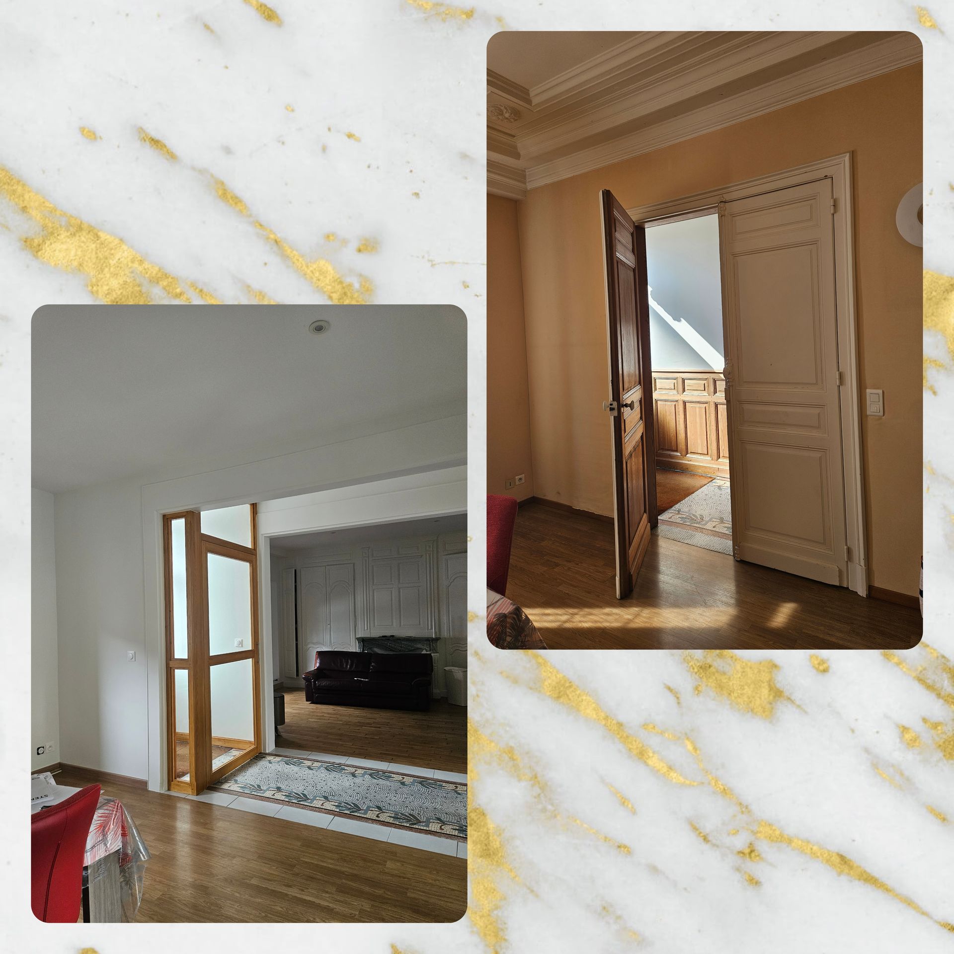 Deux vues intérieures de pièces avec portes en bois ouvertes