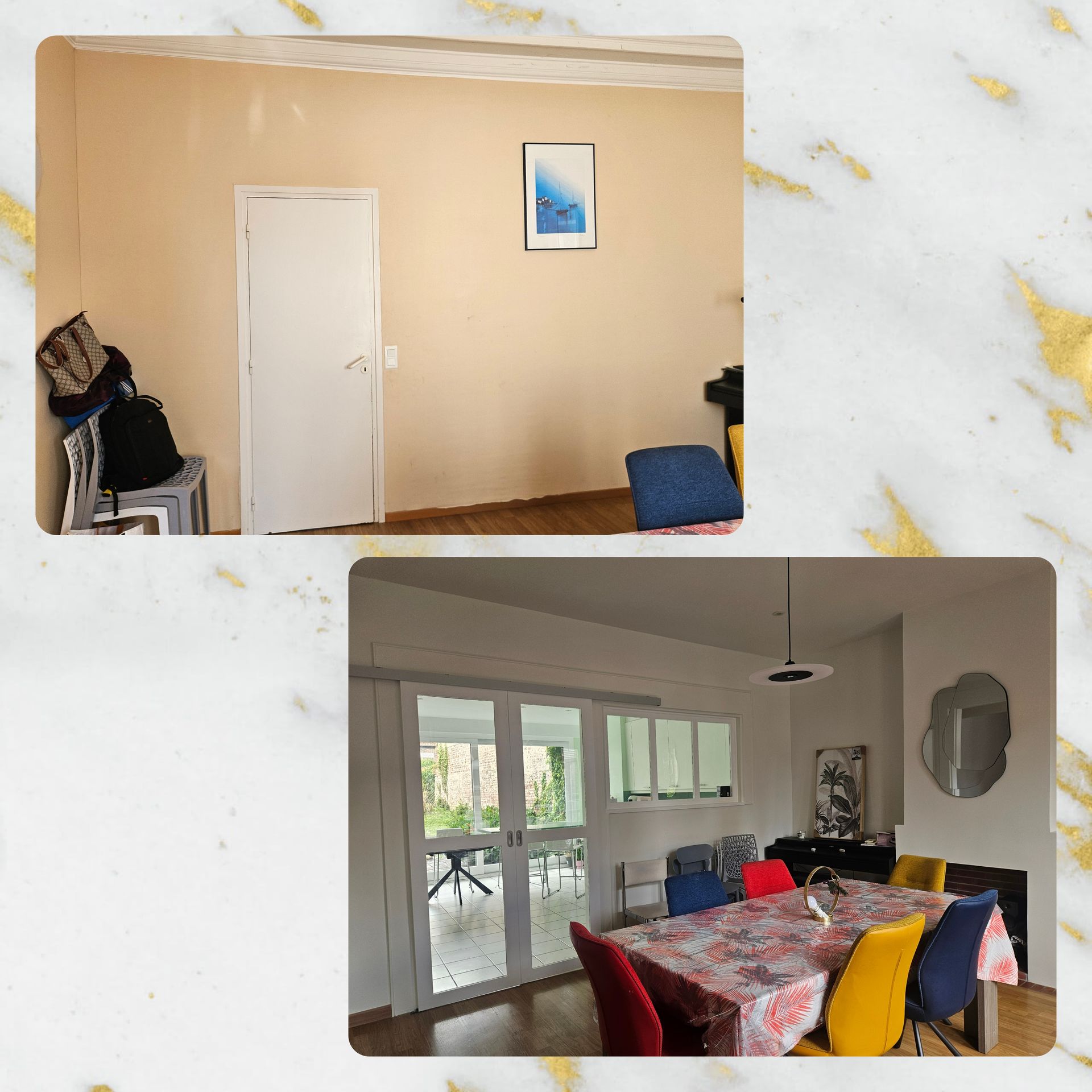 Intérieur en deux pièces : mur beige avec porte et chaise, et coin repas avec portes vitrées