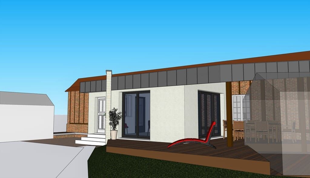 Rendu architectural 3D d'une maison moderne avec terrasse en bois, portes coulissantes et fauteuil rouge.