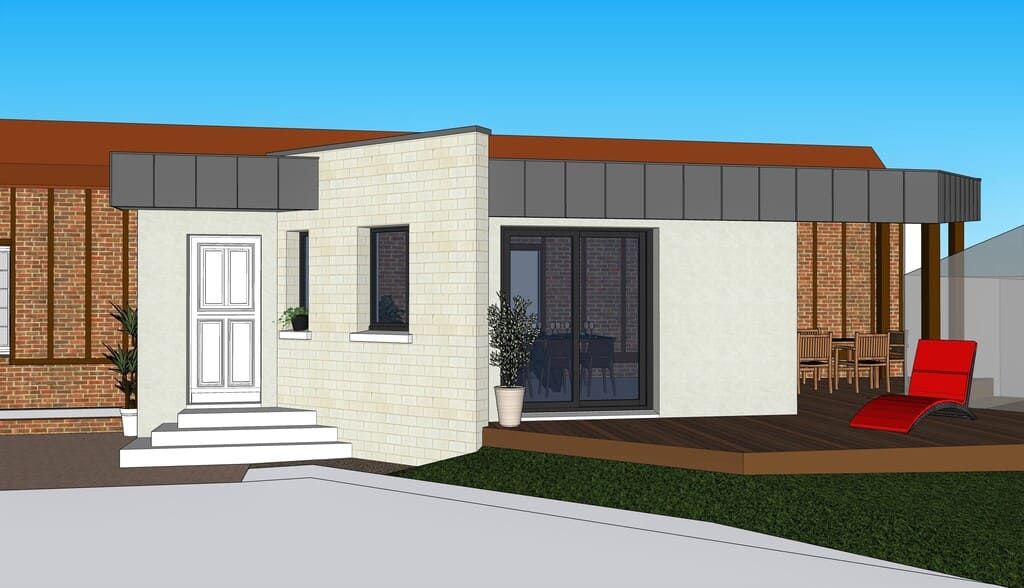 Maison moderne à l'extérieur, façade en briques, pierres et blanc ; quelques marches mènent à une porte blanche. Une chaise rouge est placée devant.