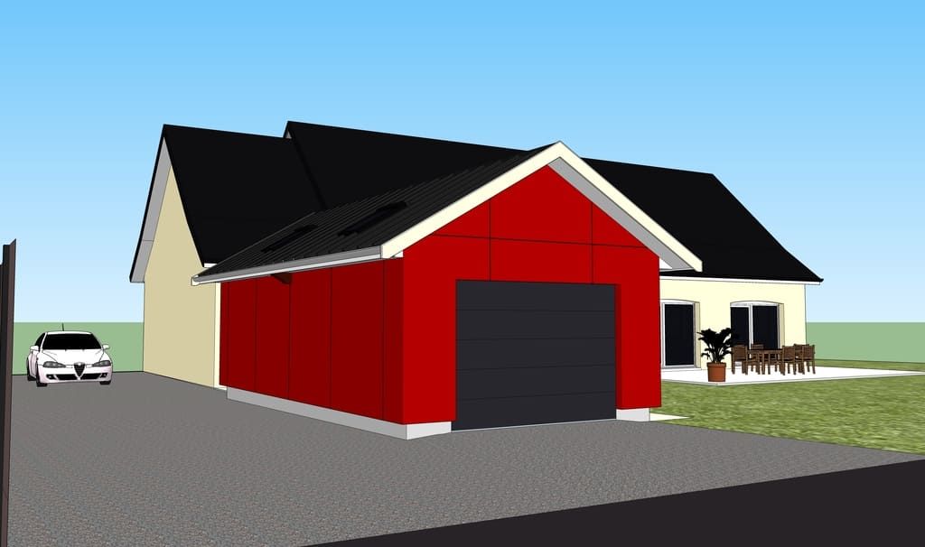 Garage rouge avec une porte noire attenante à une maison beige, allée avec une voiture.