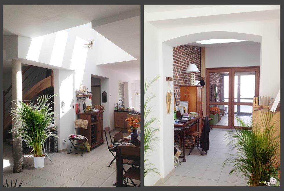 Deux vues intérieures d'une maison avec des portes cintrées, des sols carrelés, des plantes et de la lumière naturelle.