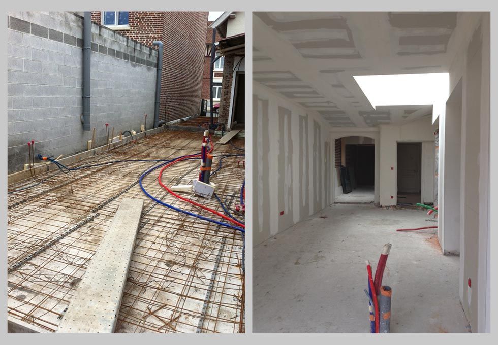 À gauche : Chantier extérieur avec armatures et tuyauterie. À droite : Cloisons sèches intérieures dans une construction neuve.