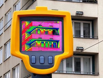 Caméra thermique affichant une image en couleur d'un bâtiment, mettant en évidence les variations de température.