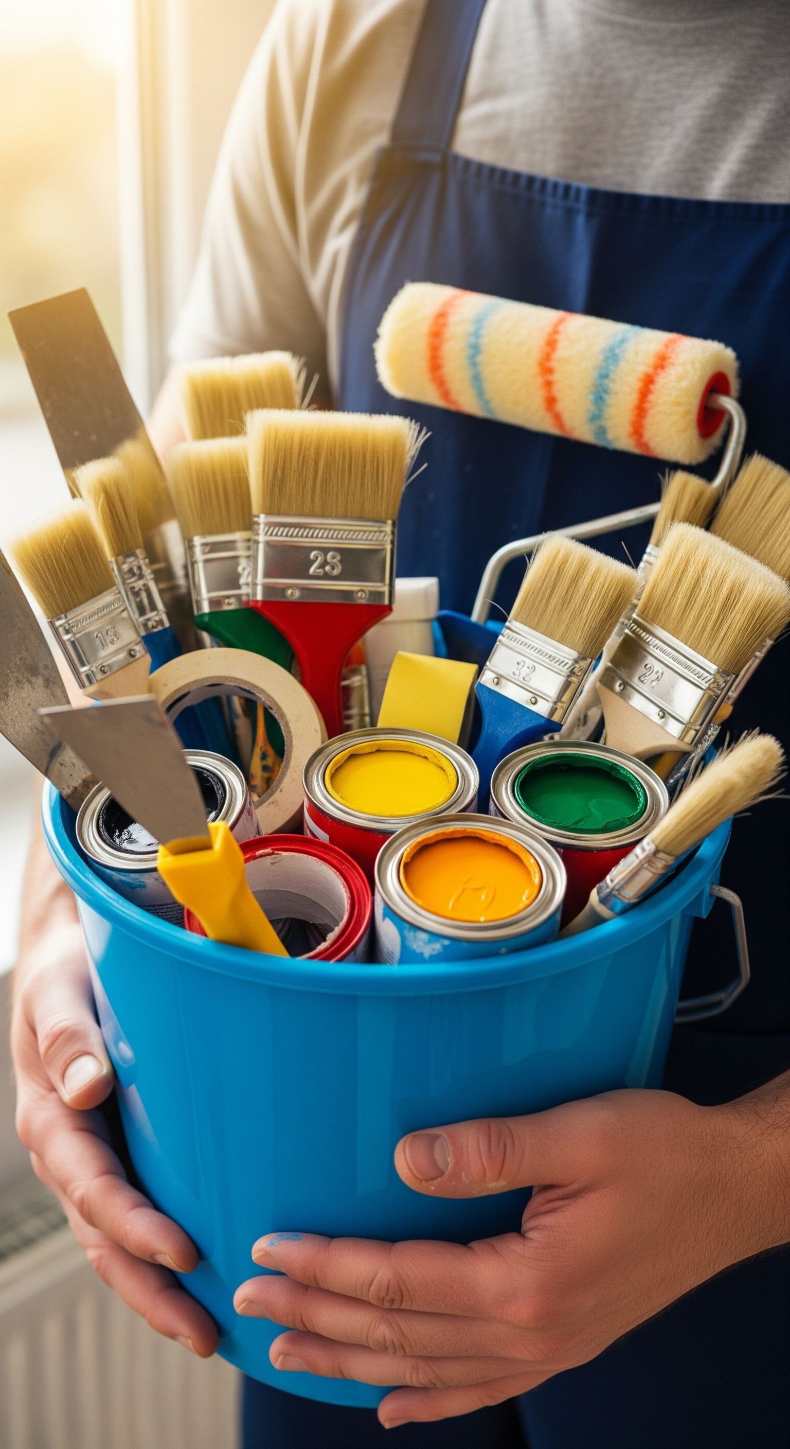 Una mujer sostiene un balde de pintura y rodillos de pintura.