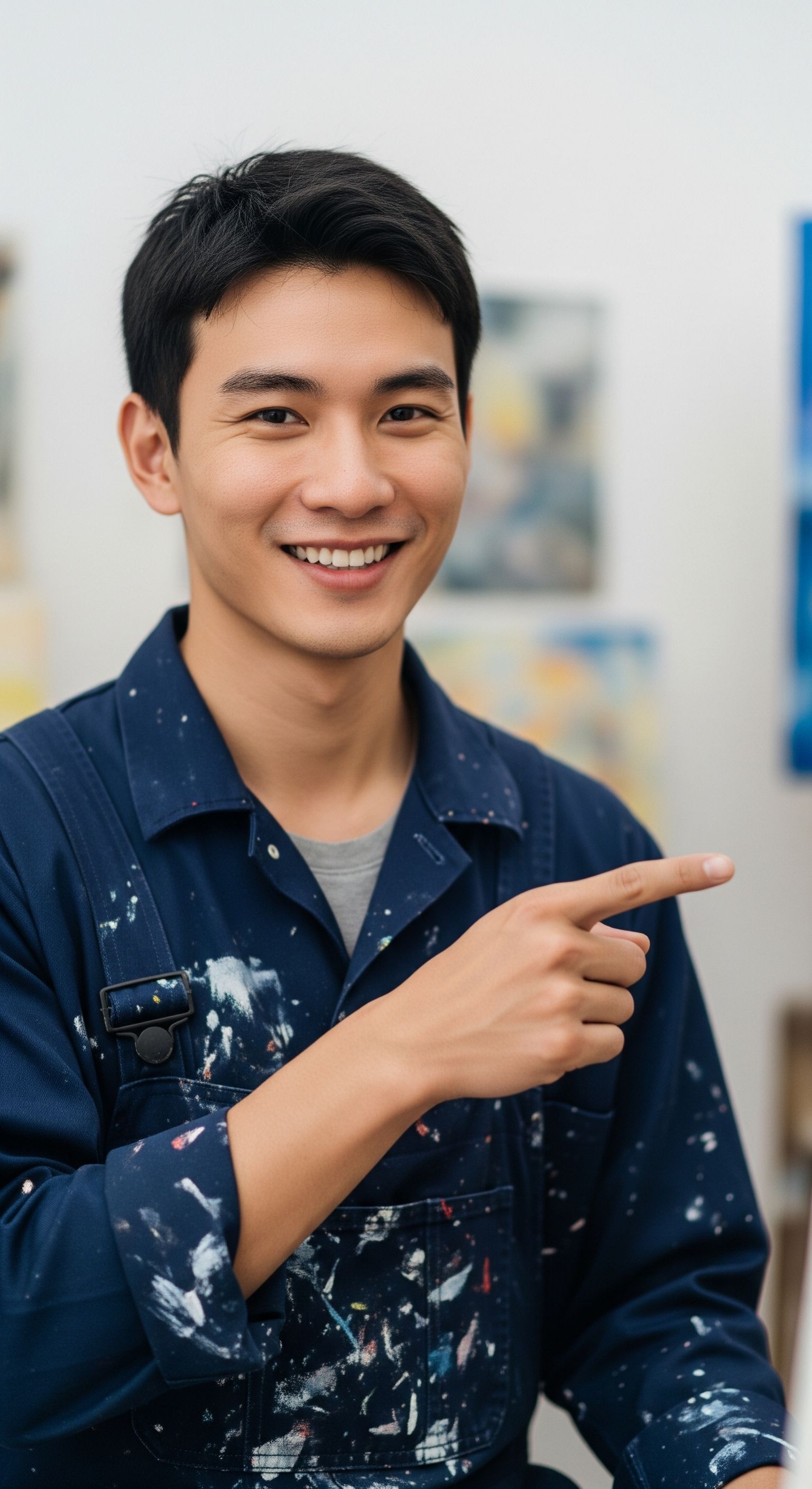 Un hombre con mono de pintura señala para animar a la llamada